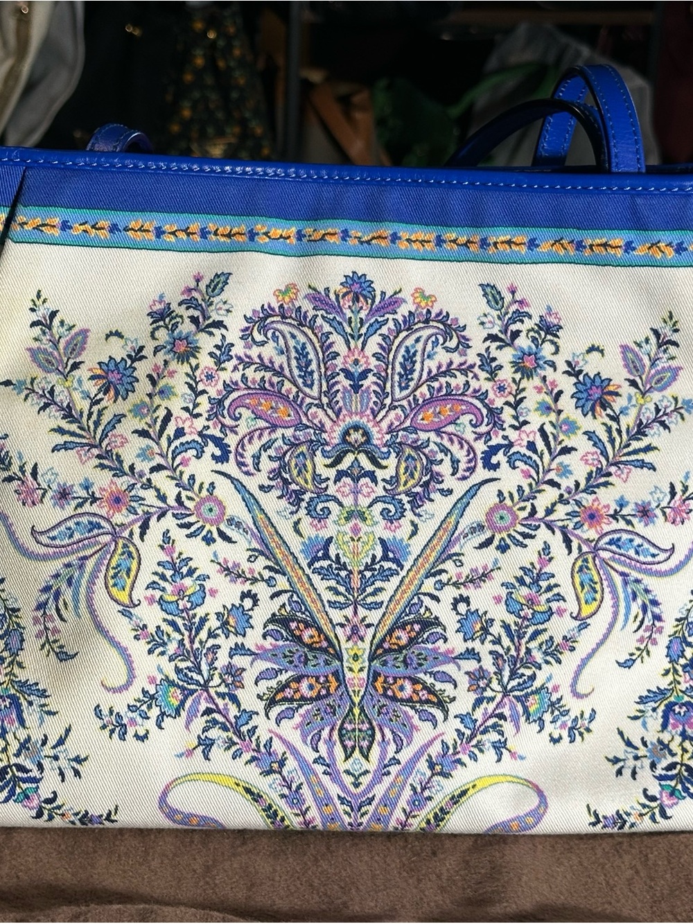 ETRO Milano Cream Floral Paisley Tote with Bright Blue Trim